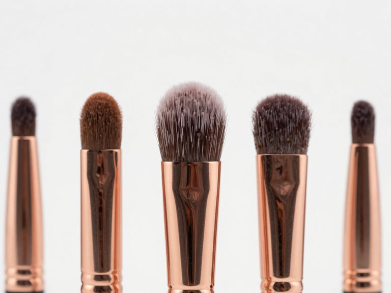 Macro close-up of premium cosmetic brush heads, rose-gold metal ferrules, white minimalist background.
