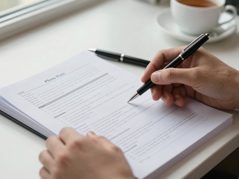 Close-up of hands turning pages of a printed financial planning document on a desk in natural window light, pen resting beside the pages, a cup of tea partially visible at the edge of frame