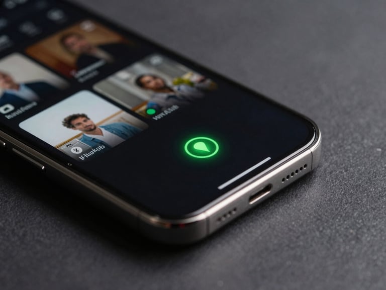 Close-up of a modern smartphone displaying a high-definition streaming interface with a neon green connectivity indicator, dark studio lighting.