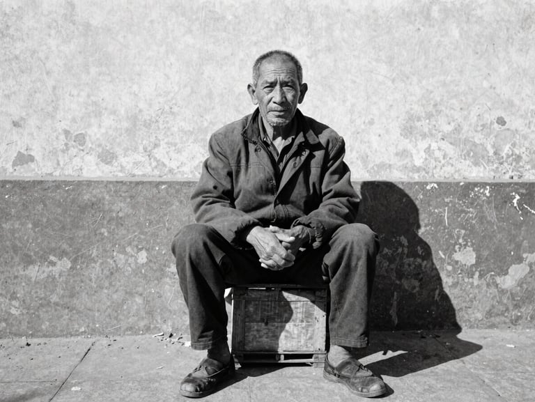 Candid environmental portrait of an elderly street vendor sitting on a wooden crate, high-contrast shadows, natural overcast daylight, gritty 35mm grain