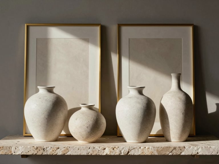 Handcrafted luxury home decor accessories, textured ceramic vases and gold-trimmed wall art arranged on a minimalist stone shelf, dramatic side-lighting.