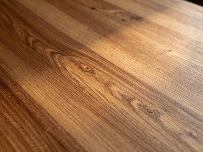Dramatic close-up of raw polished timber grain with golden side-lighting, showcasing the structural texture and premium finish of grade-A teak.