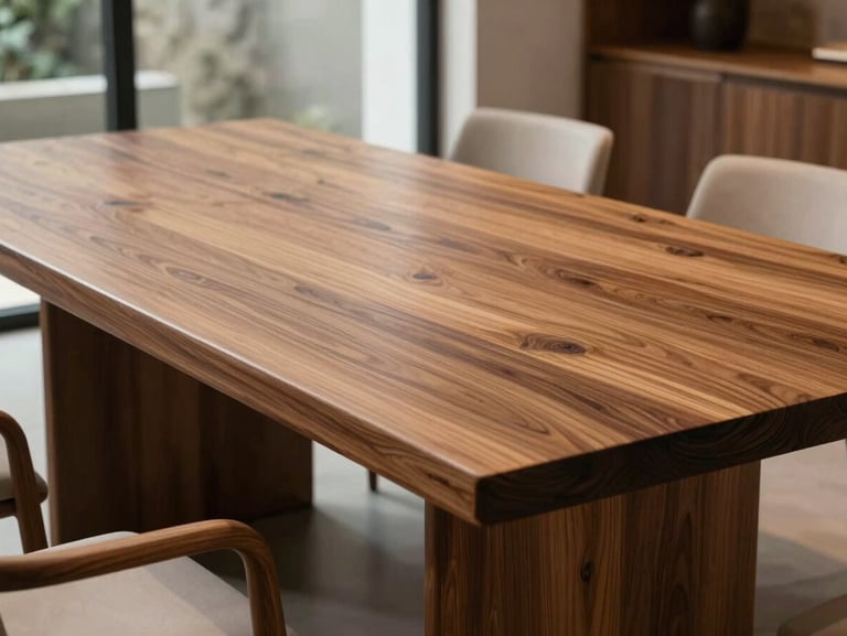 Modern luxury indoor wooden furniture, a polished teak dining table showing rich grain patterns, soft side-lighting from a large window.