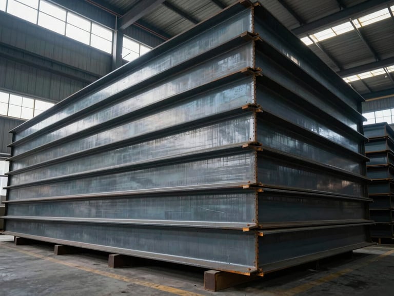 Wide-angle cool-toned view of massive industrial steel beams stacked in a Beijing warehouse, daylight filtering through high windows, sharp metallic edges.