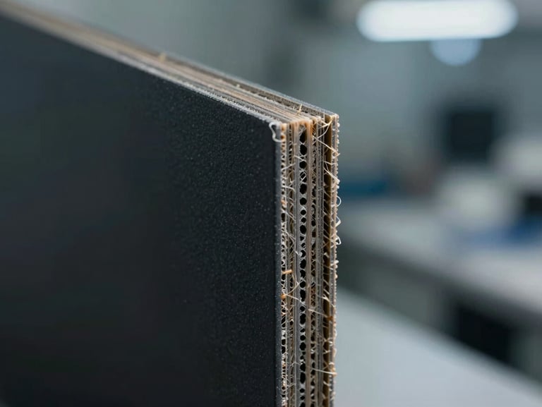 Macro close-up of a dark composite structural panel edge, showing the precise fiber layers and clean cut under cool industrial laboratory light.
