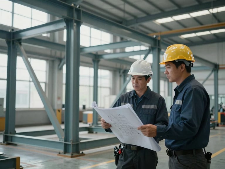 Engineers in hardhats inspecting a massive trial-assembled steel frame on the factory floor, holding physical blueprints, cool daylight filtering through high windows.