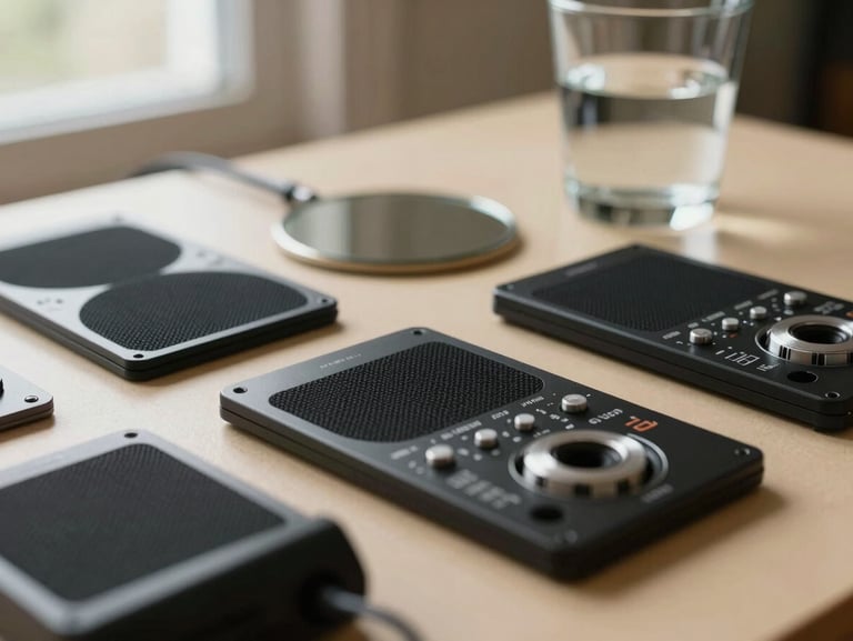 Extreme close-up of therapy tools laid flat on a warm beige surface — sound cards, a small mirror, and a water glass arranged with quiet intention, soft north-facing window light from the left, no people, shallow focus on the nearest card edge