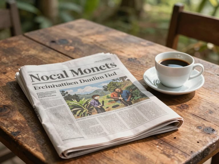 A local newspaper open on a rustic wooden table showing an article about environmental actions, a cup of Colombian coffee next to it, warm morning light, 35mm lens.