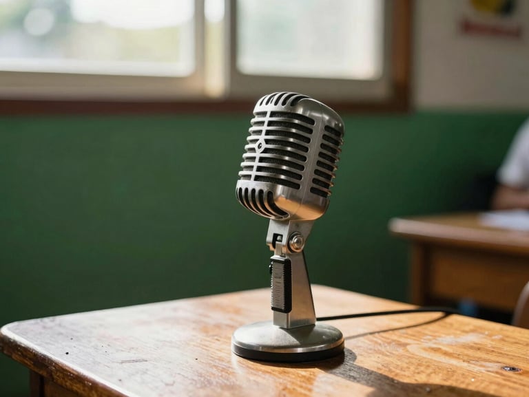 A close-up of a vintage radio microphone on a wooden table in a local Boyacá station, warm sunlight streaming through a window, soft focus background.