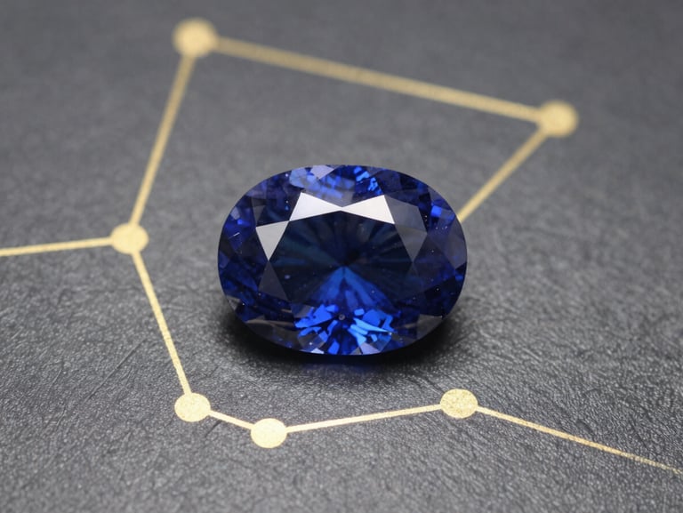 A top-down symmetrical view of a polished, lab-certified blue sapphire gemstone resting on a dark metallic surface with gold constellation lines.