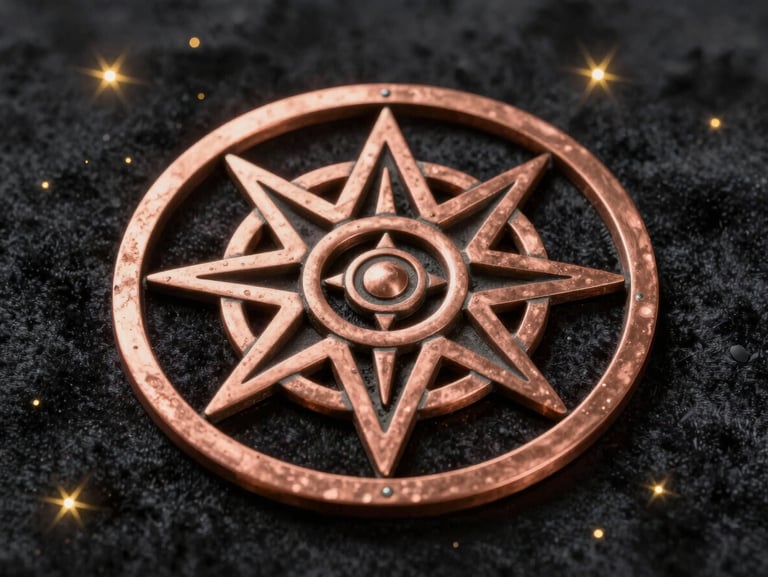 A copper Vedic Yantra precisely engraved with sacred geometry, resting on a dark velvet surface with gold starlight reflections