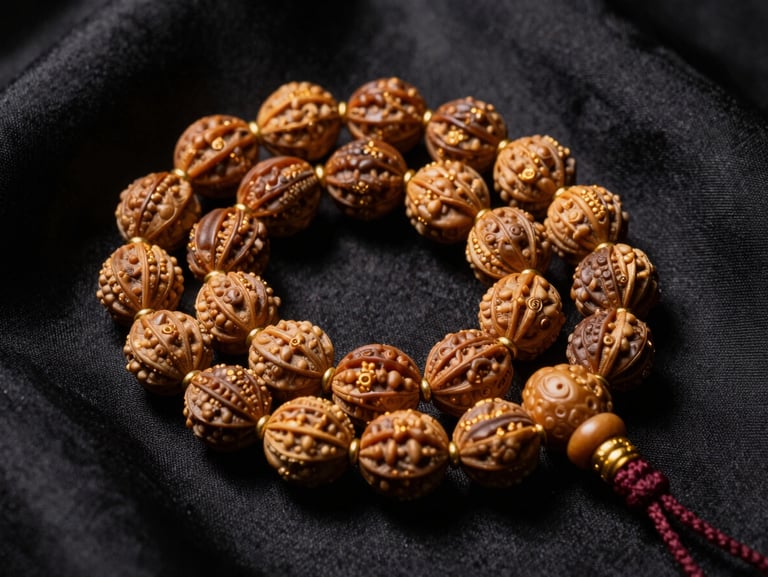 A close-up of an authentic five-mukhi Rudraksha mala resting on a dark charcoal silk background, dramatic low-key gold lighting highlighting its deep textures.