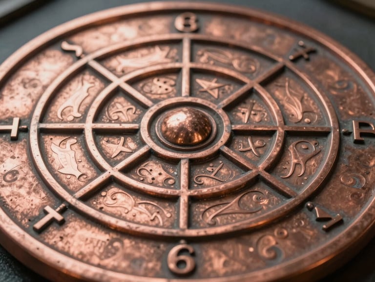 An extreme close-up of a copper Vastu Yantra, showing precise geometric engravings and metallic luster under sharp directional light.