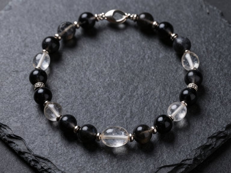 A luxury energy necklace featuring raw clear quartz and dark obsidian beads, arranged symmetrically on a dark slate background.