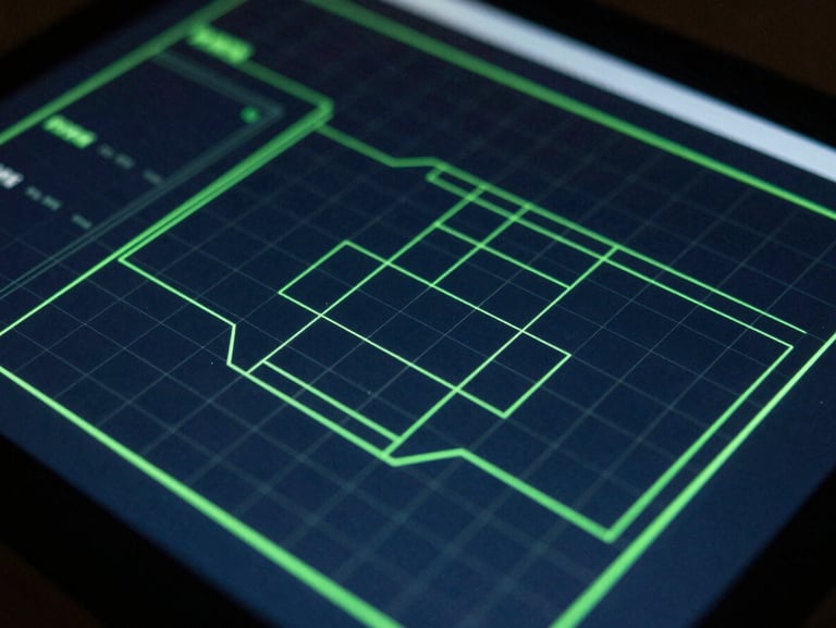 Close-up of a technical wireframe interface on a dark screen, sharp neon green lines and grid patterns, moody low-light ambient glow, 35mm
