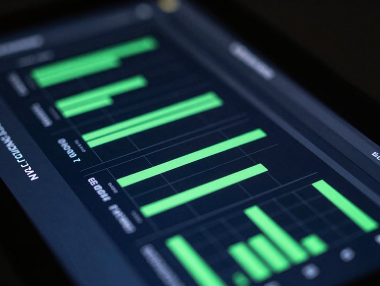 Macro close-up of a dark-mode dashboard UI with bright green analytics charts, glowing screen reflections, moody ambient lighting, 35mm