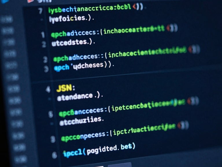 Macro detail of a code editor showing clean TypeScript interfaces and JSON configurations, illuminated by deep blue and neon green screen-glow.