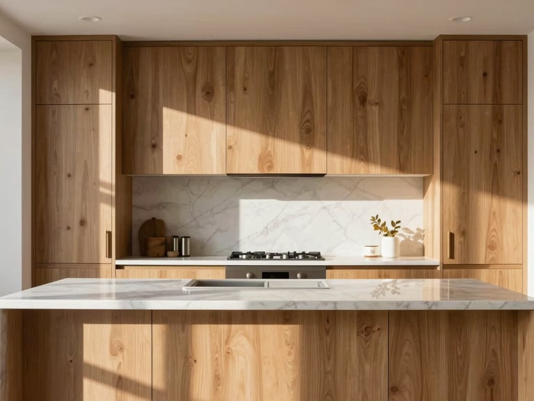Architectural photograph of a modern residential kitchen, premium oak cabinetry, white marble countertops, soft Mediterranean morning sunlight, focus on material quality