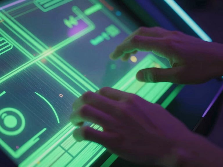 Close-up of fingers playing a fast-paced retro arcade game on a glowing screen, neon green lighting, motion blur