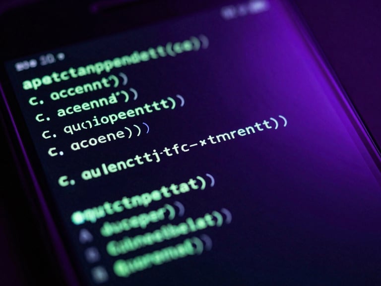 Macro shot of a raw code terminal glowing on an Android device, neon purple backlighting, dark environment