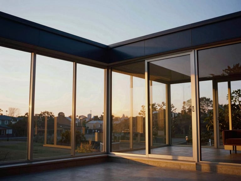 Modern glass pavilion interior with architectural focus, clean lines, warm evening light, 35mm