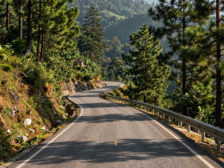 A wide-angle landscape showing a newly completed mountain road winding through lush green pine forests of Lalitpur, warm sunlight casting long shadows across the asphalt.
