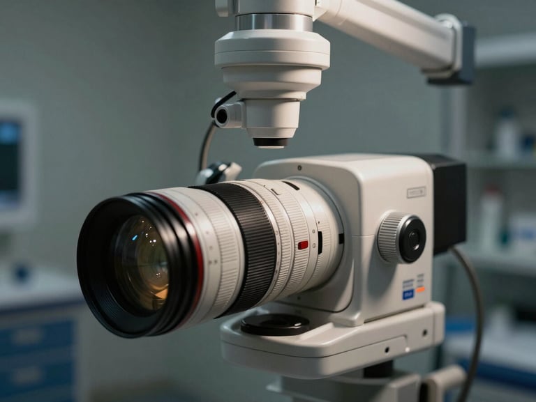 Detajl veterinarske programske opreme na zaslonu v svetli kliniki, v ozadju digitalni rentgenski senzor, čista in ostra tehnična fotografija