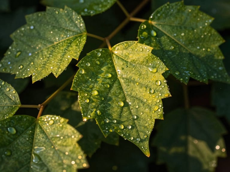 Extreme macro close-up of fresh green Beninese medicinal leaves covered in morning dew, high contrast, deep green shadows, warm golden highlights.