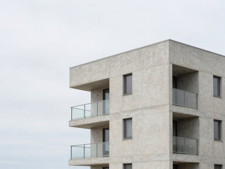 Modern concrete residential building near the coast in Matosinhos, clean geometric lines, soft overcast daylight