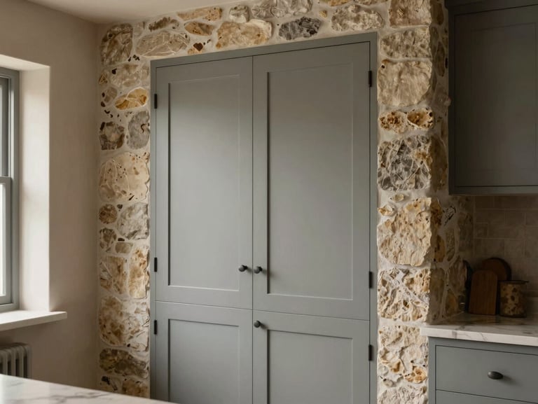 Detail of bespoke kitchen cabinetry fitted around thick irregular stone cottage masonry, soft morning light, muted slate grey tones, warm editorial.