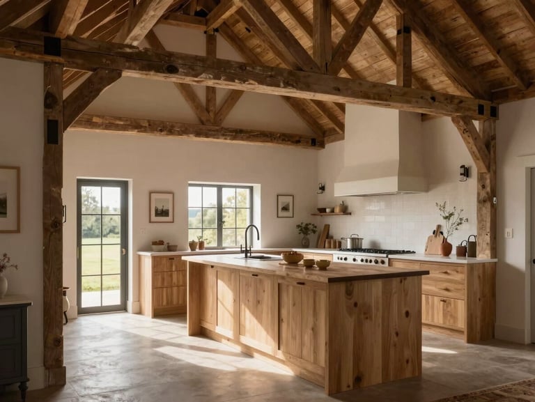 Wide shot of a bespoke kitchen in a double-height barn conversion, dramatic Northumbrian light falling on a central oak island, exposed timber trusses.