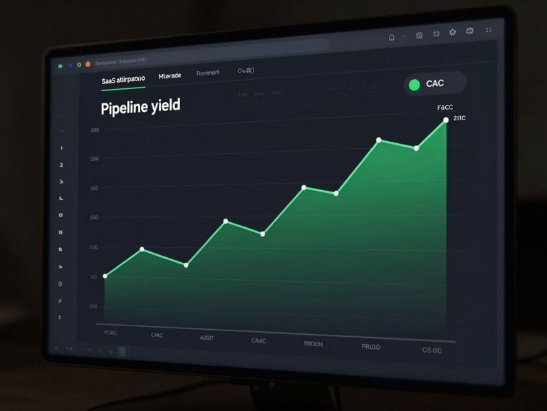 Low-key, high-contrast UI mockup of a clean SaaS attribution dashboard showing pipeline yield, green trend lines, and CAC metrics on a dark screen.