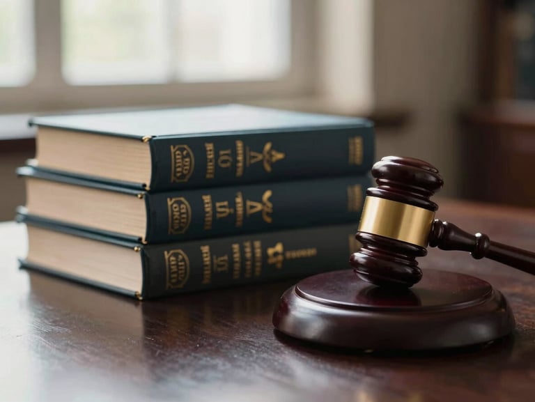 Dignified close-up of constitutional law volumes and a wooden gavel resting on a polished dark table, illuminated by soft side-window light.
