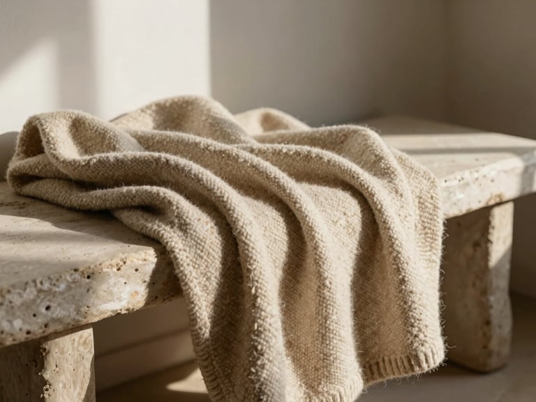 Undyed oatmeal wool blanket draped softly over a rustic plaster bench, casting long warm shadows