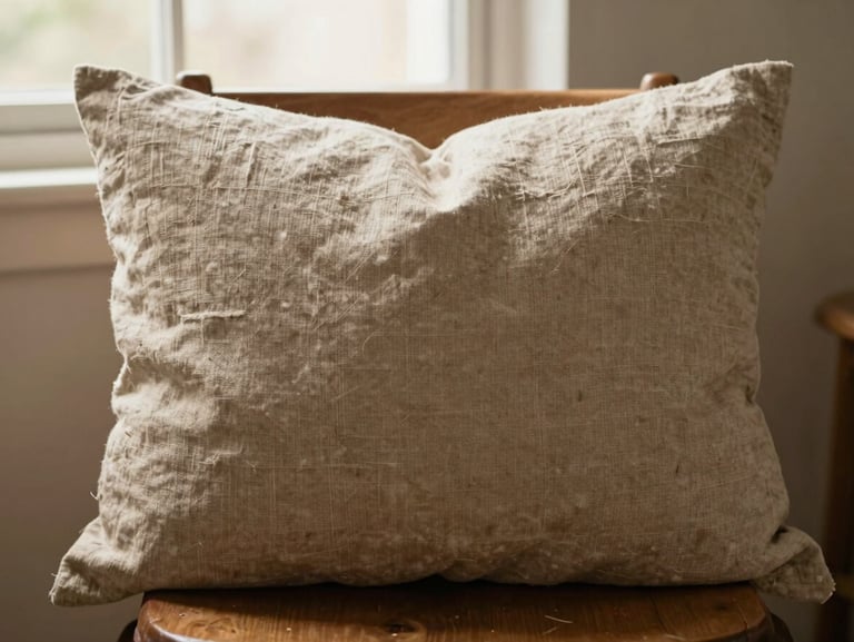 Heavy-weight sand-colored linen pillow cover resting on a wooden chair, low-angle warm window light