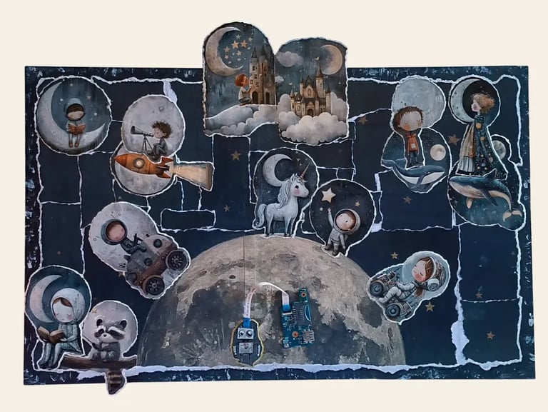 Arte onirica fiabesca, quadro materico spazio e luna con piccoli astronauti, castelli e liocorno. - Guance Rosse
