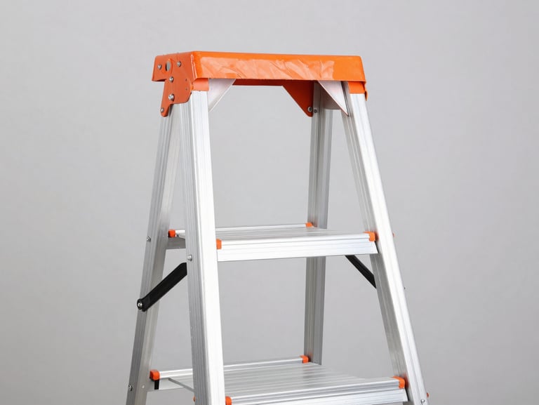 Straight-on studio shot of a heavy-duty fiberglass step ladder with safety-orange rails, set against a solid light gray background, high-key lighting, sharp details