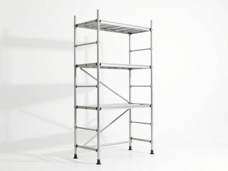 Clean steel multidirectional scaffolding tower assembled in a bright white studio space, straight-on architectural elevation, sharp shadows, technical precision