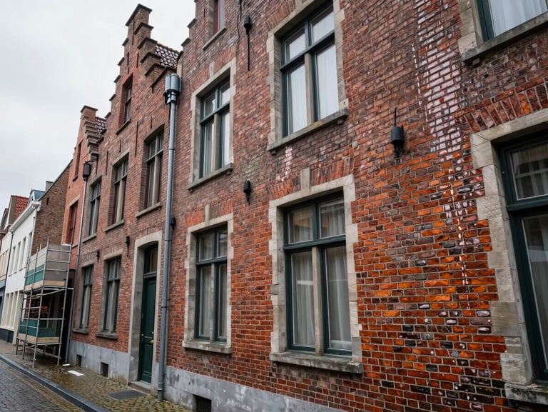 Wide-angle environmental shot of a freshly coated exterior brick facade in a Belgian street, natural overcast daylight, painter's scaffolding visible at the edge of frame, no people, wet surface sheen catching diffuse light