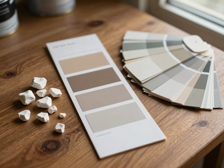 Overhead study on a wooden table of paint material samples — small plaster chips, a swatch card of matte neutrals, and a colour fan deck open to warm greys and greiges, soft north-facing window light, no people