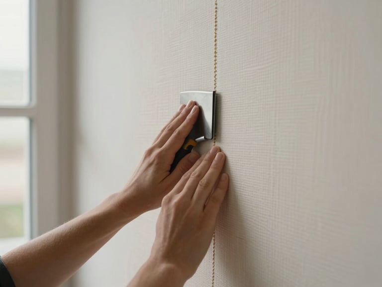 Hands pressing a seam of wallpaper flat against a wall using a smoothing tool, natural overcast daylight from a window at left, pattern partially visible — a subtle geometric repeat in warm ivory tones, no people's faces shown