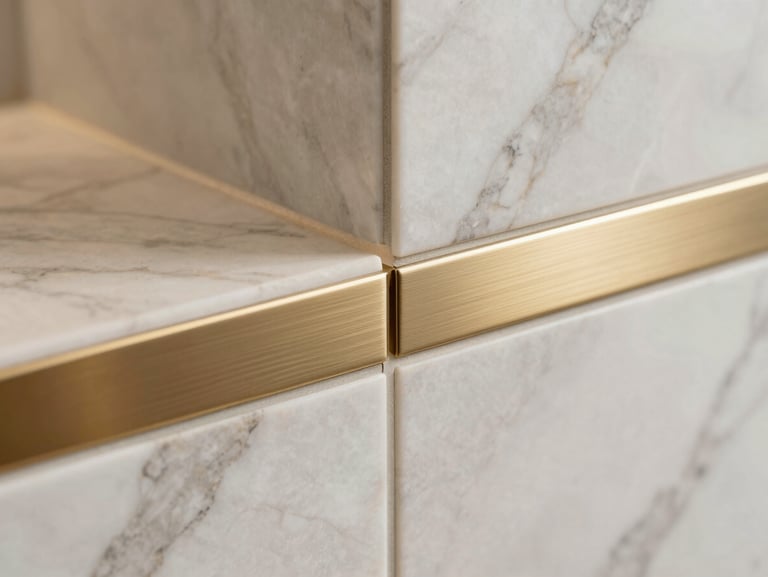 Close-up detail shot of a premium marble tile joint with a brushed champagne-gold metal inlay, flawless alignment, soft warm lighting, luxury interior craftsmanship