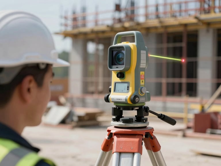 Engineers using digital leveling equipment and laser receivers on a tripod at an active construction site, high-contrast lighting