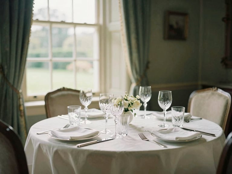 An elegant dining table set in a sunlit historic Kentish manor, crystal glassware catching soft window light, warm editorial look