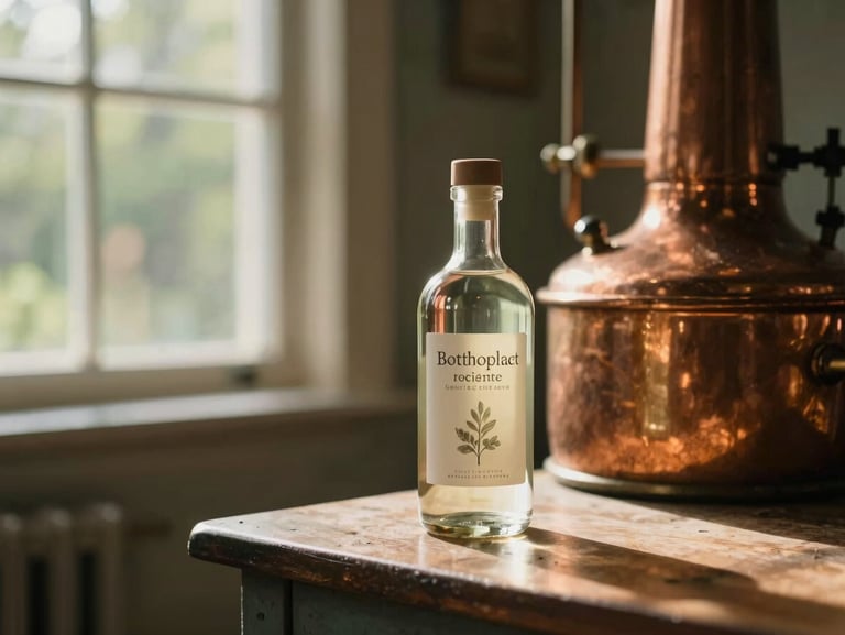 A bottle of botanical spirits next to a copper still in a rustic distillery, soft shadows, warm golden hour light