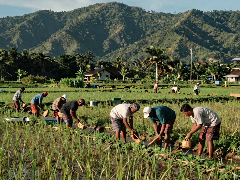 Warga desa Mekarwangi bergotong royong memperbaiki saluran irigasi sawah di pagi hari yang cerah, dikelilingi perbukitan hijau.