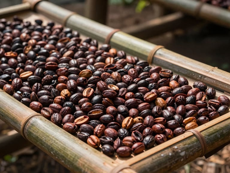 Petani kopi Mekarwangi sedang menjemur biji kopi merah pilihan di atas para-para bambu di bawah sinar matahari alami.