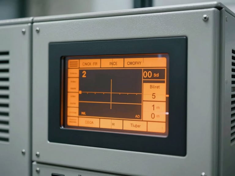 Close-up of a pristine, modern technical control panel of a silent generator, digital telemetry screen glowing in safety orange, clean metallic casing.