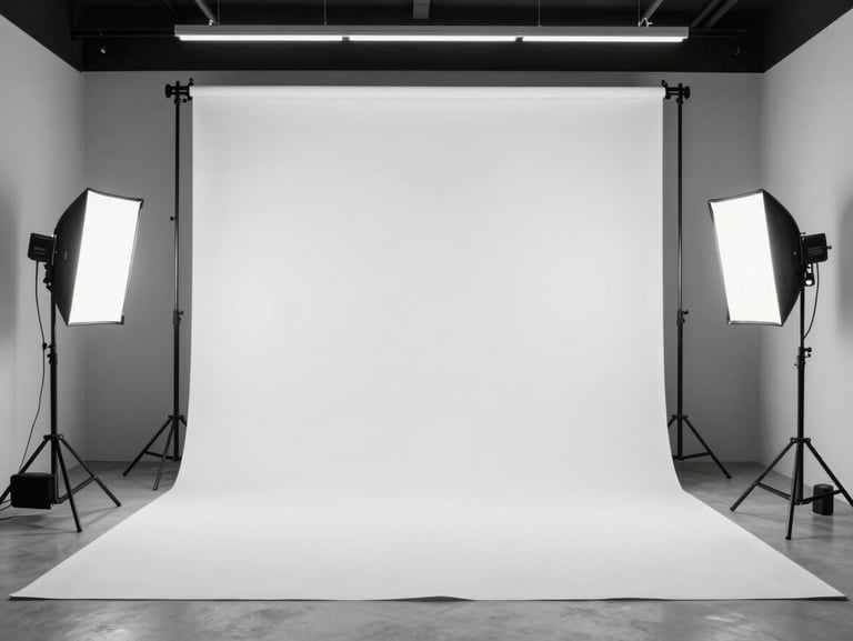Wide shot of a clean, minimalist photography studio setup inside a luxury venue, professional strobe lights, white backdrop, no clutter.