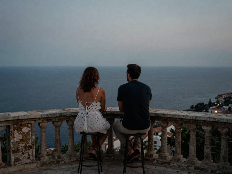 A quiet moment of a couple on a stone balcony overlooking the Mediterranean at dusk, moody overcast natural light, analog film grain, documentary style.